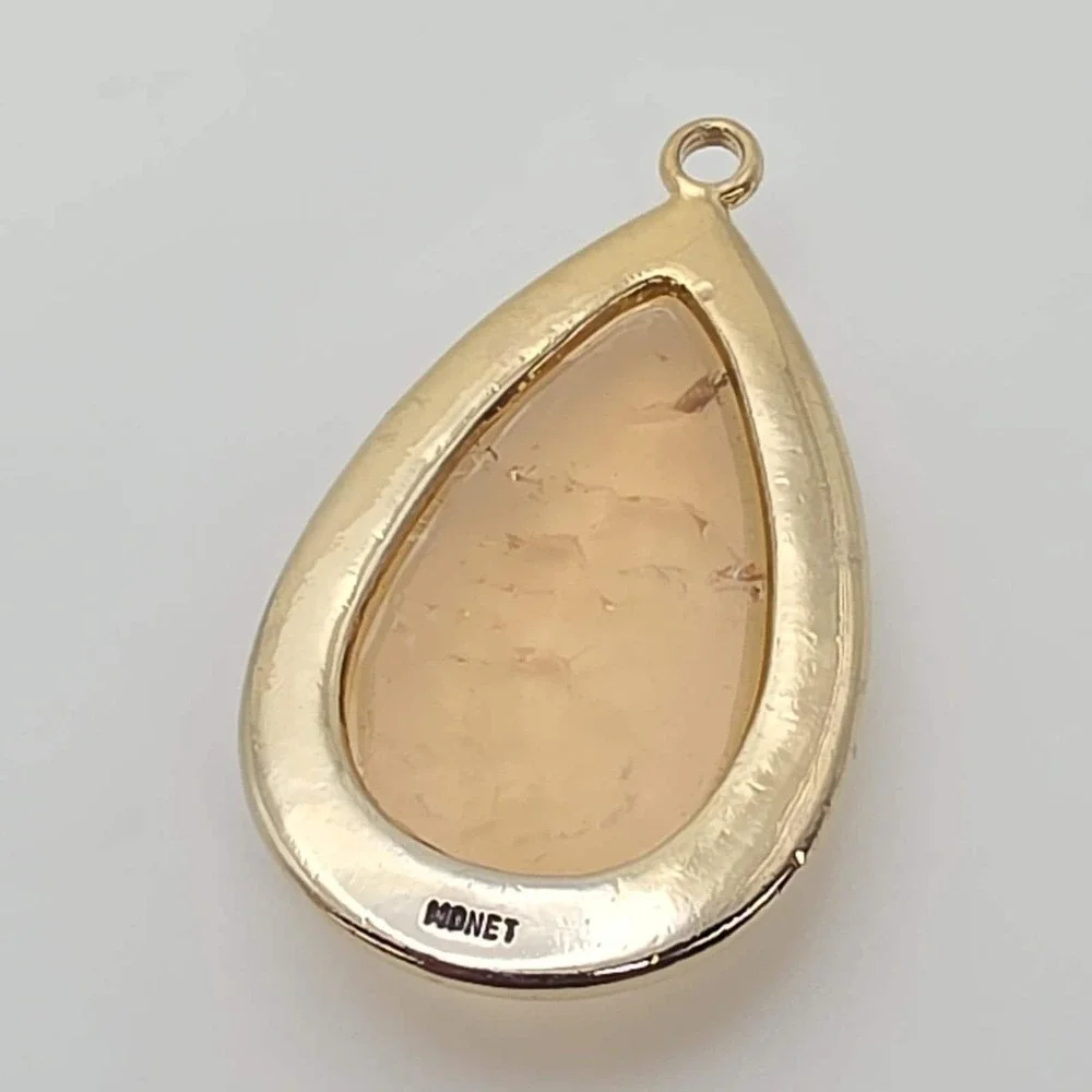 Vintage MONET Signed‎ Pale Orange Quartz Stone Pendant Large Gold Tone 2
